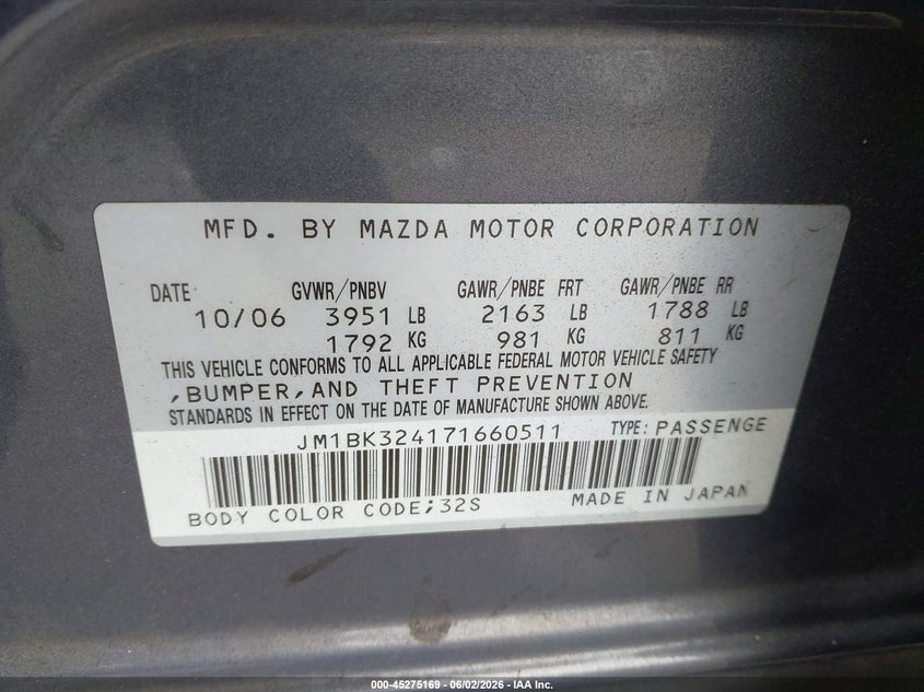 2007 Mazda Mazda3 S Sport VIN: JM1BK324171660511 Lot: 45275169