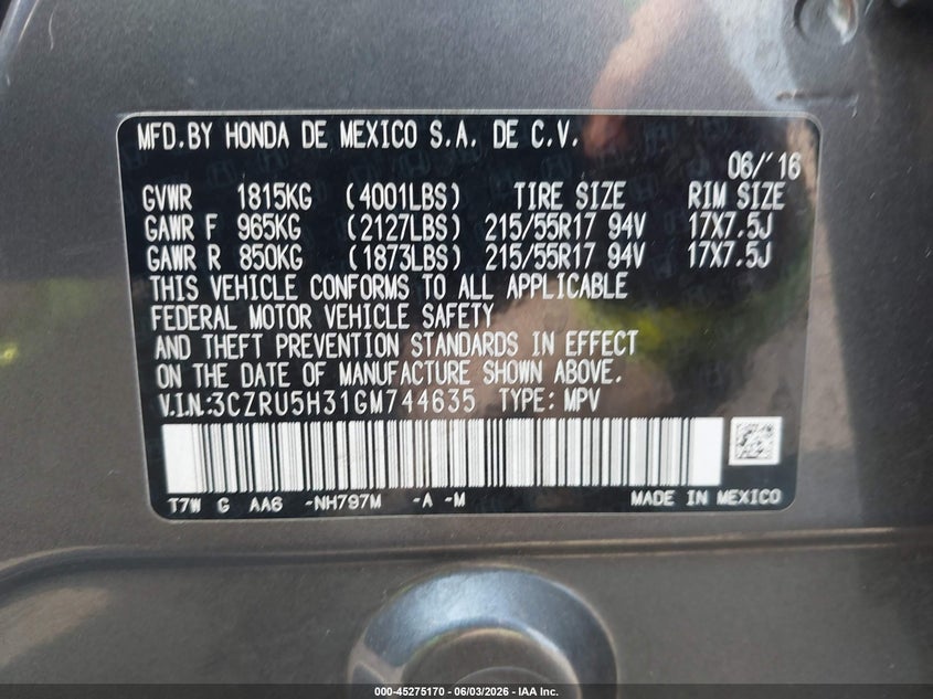 2016 Honda Hr-V Lx VIN: 3CZRU5H31GM744635 Lot: 45275170