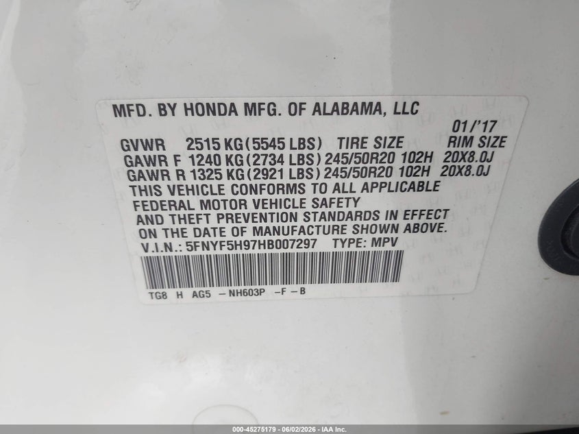 2017 Honda Pilot Touring VIN: 5FNYF5H97HB007297 Lot: 45275179