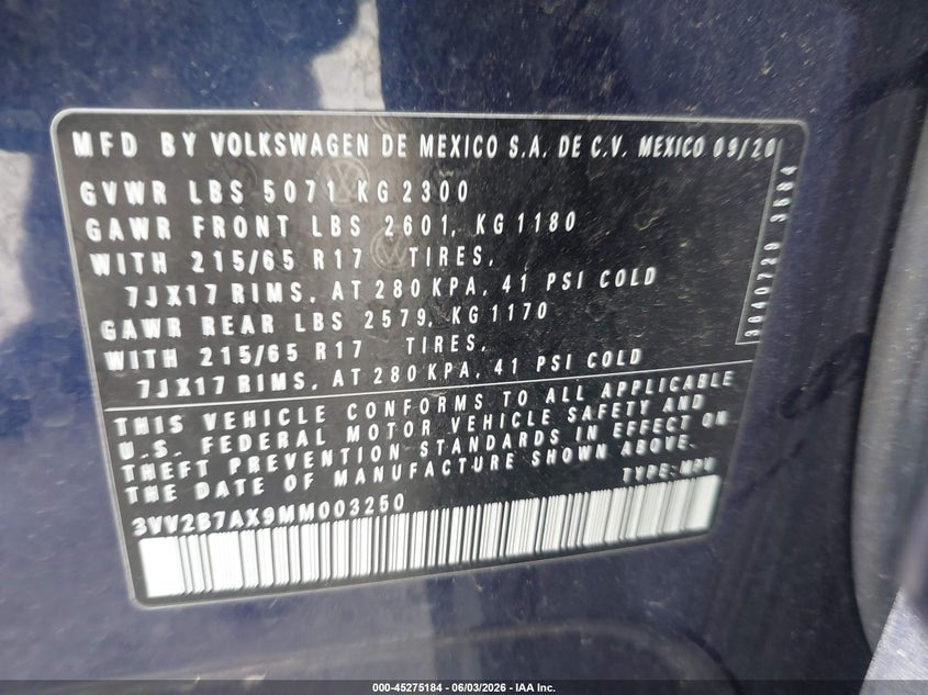 2021 Volkswagen Tiguan 2.0T Se/2.0T Se R-Line Black/2.0T Sel VIN: 3VV2B7AX9MM003250 Lot: 45275184