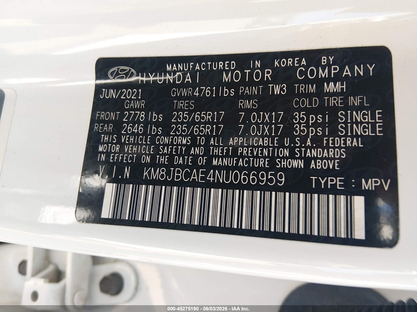 2022 Hyundai Tucson Sel VIN: KM8JBCAE4NU066959 Lot: 45275190