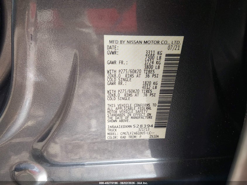 2021 Nissan Titan Platinum Reserve 4X4 VIN: 1N6AA1EDXMN528394 Lot: 45275196