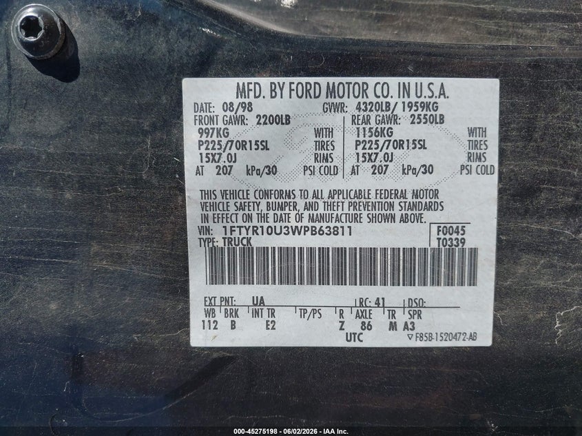 1998 Ford Ranger Splash/Xl/Xlt VIN: 1FTYR10U3WPB63811 Lot: 45275198