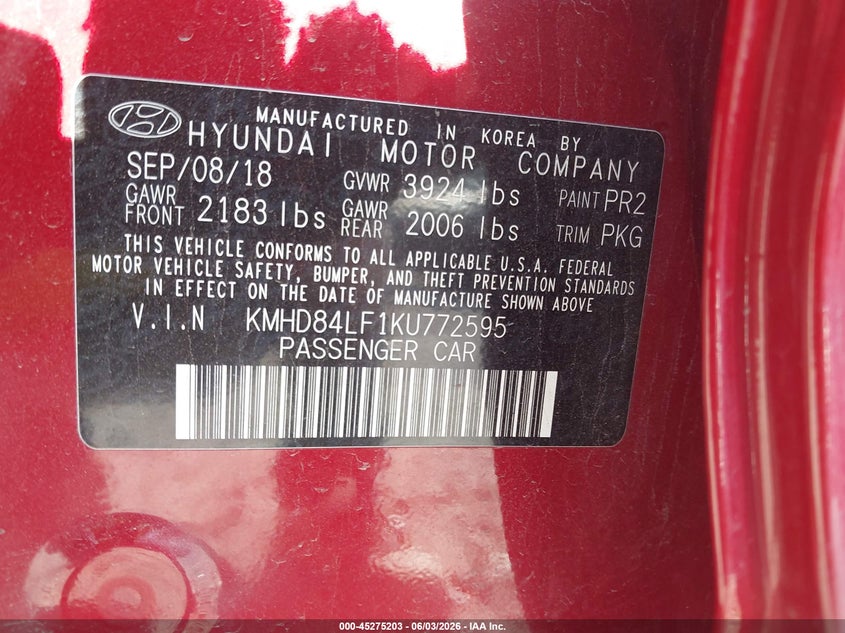 2019 Hyundai Elantra Sel VIN: KMHD84LF1KU772595 Lot: 45275203