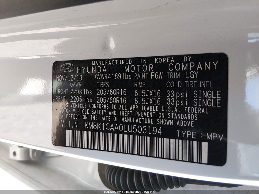 2020 Hyundai Kona Se VIN: KM8K1CAA0LU503194 Lot: 45275211