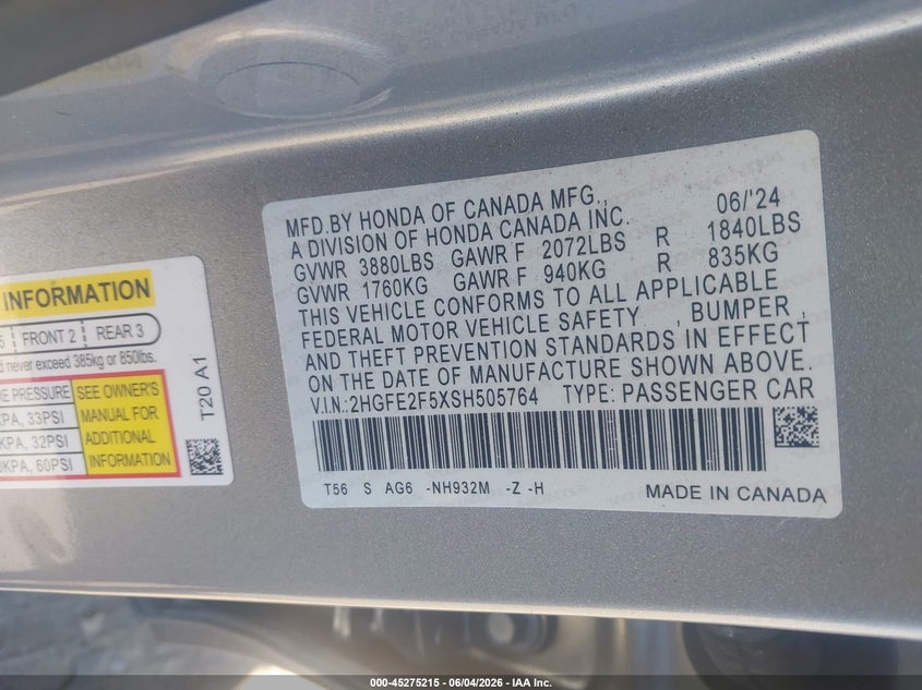 VIN 2HGFE2F5XSH505764 2025 HONDA CIVIC SPORT
