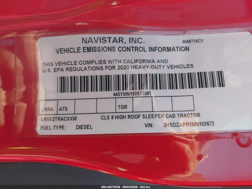 2021 International Lt VIN: 3HSDZAPR1MN102672 Lot: 45275236