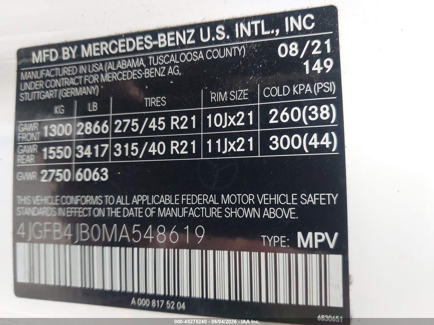 2021 Mercedes-Benz Gle 350 VIN: 4JGFB4JB0MA548619 Lot: 45275240