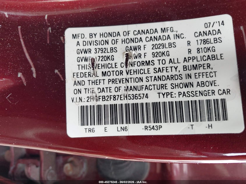 2014 HONDA CIVIC SEDAN 1.8L I-4 VVT, 143HP