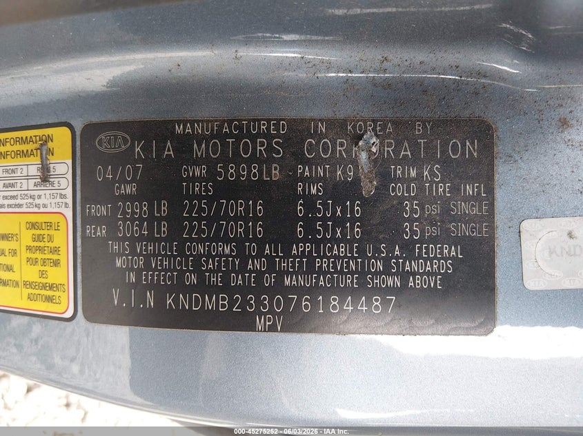 2007 Kia Sedona Lx VIN: KNDMB233076184487 Lot: 45275252