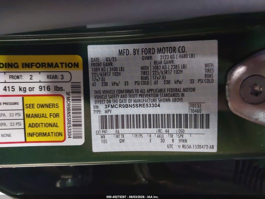 2025 Ford Bronco Sport Big Bend VIN: 3FMCR9BN5SRE53304 Lot: 45275297