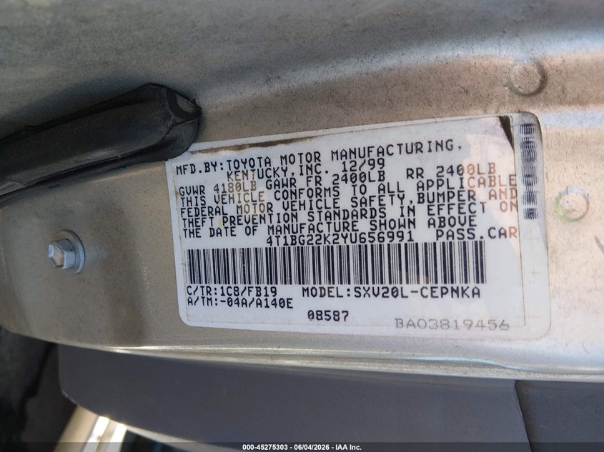 2000 Toyota Camry Le VIN: 4T1BG22K2YU656991 Lot: 45275303