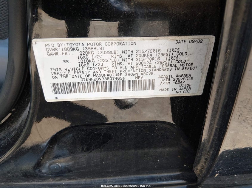 2003 Toyota Rav4 VIN: JTEHH20V336074691 Lot: 45275336