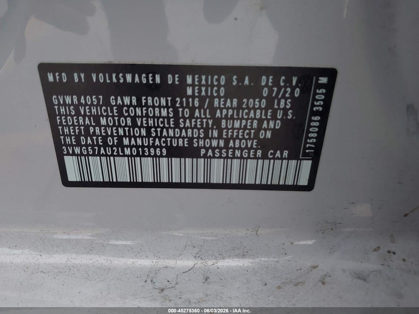2020 Volkswagen Golf 1.4T Tsi VIN: 3VWG57AU2LM013969 Lot: 45275360