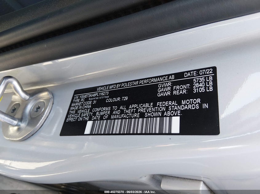 2023 Polestar 2 Long Range Dual Motor Bst Edition 230/Long Range Dual Motor Bst Edition 270 VIN: YSMET3KA8PL116273 Lot: 45275370