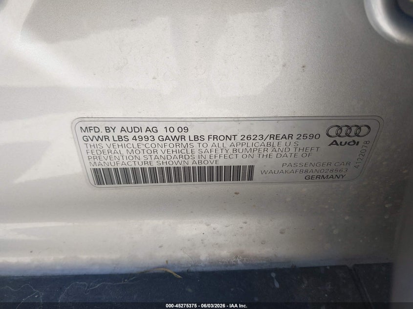 2010 Audi A6 3.2 Premium VIN: WAUAKAFB8AN028563 Lot: 45275375