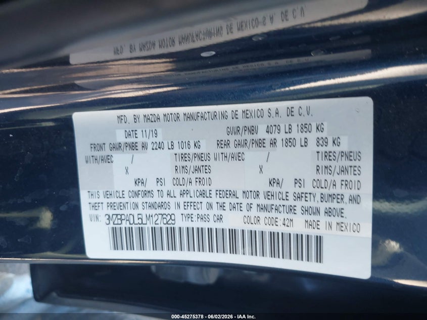2020 Mazda Mazda3 Preferred Package VIN: 3MZBPADL5LM127629 Lot: 45275378