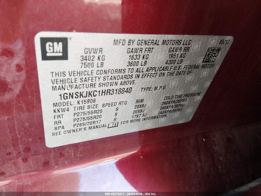 2017 Chevrolet Suburban Premier VIN: 1GNSKJKC1HR318840 Lot: 45275417
