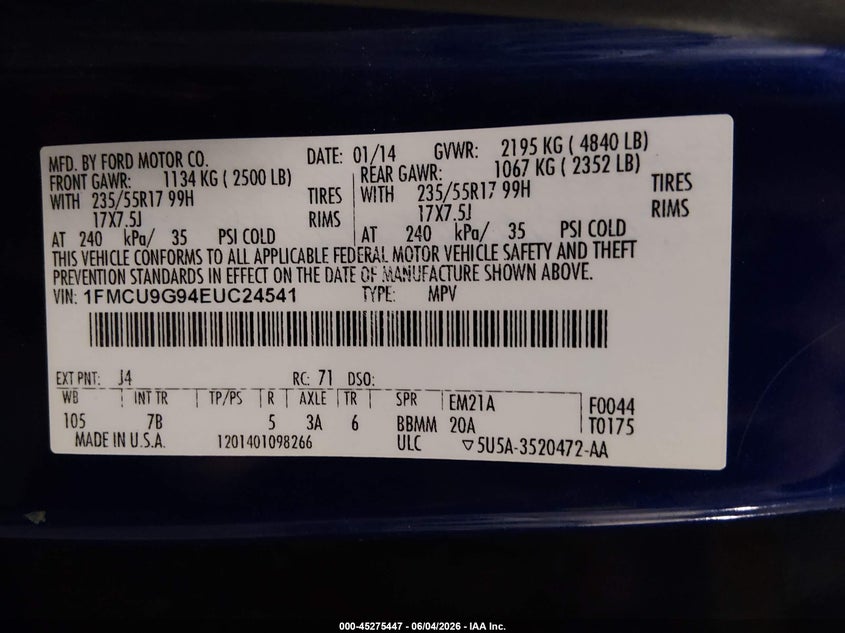 2014 Ford Escape Se VIN: 1FMCU9G94EUC24541 Lot: 45275447