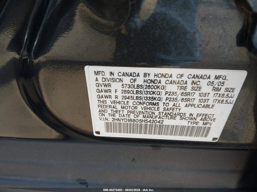 2005 Acura Mdx VIN: 2HNYD18805H542042 Lot: 45275493