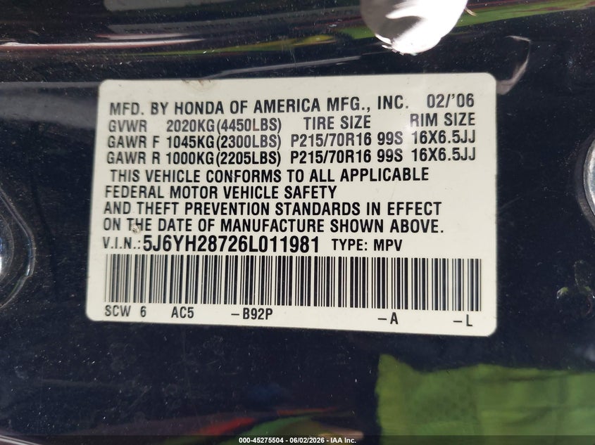 2006 Honda Element Ex-P VIN: 5J6YH28726L011981 Lot: 45275504
