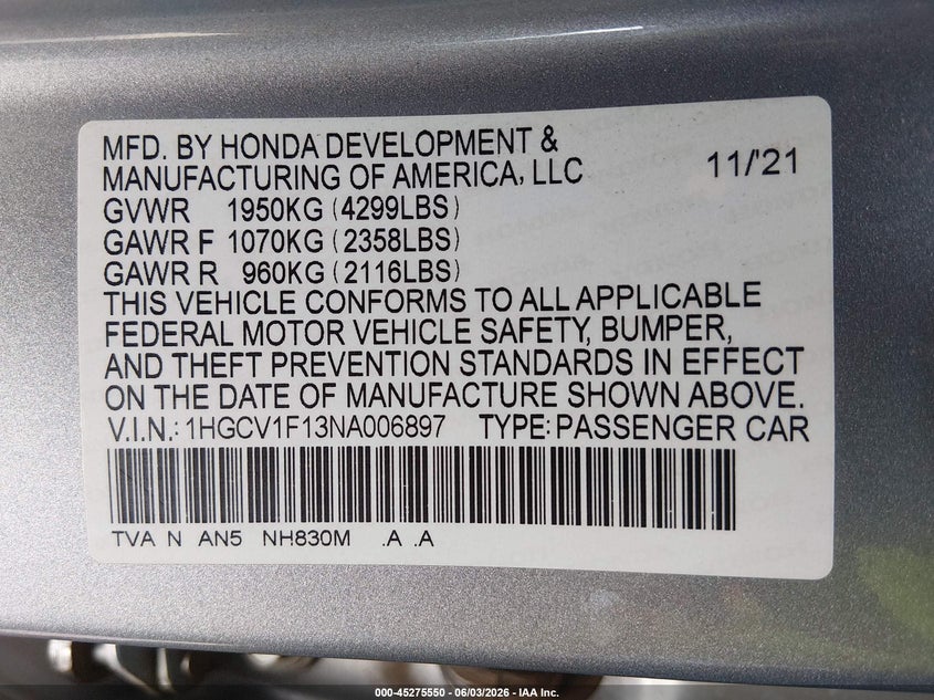 2022 Honda Accord Lx VIN: 1HGCV1F13NA006897 Lot: 45275550