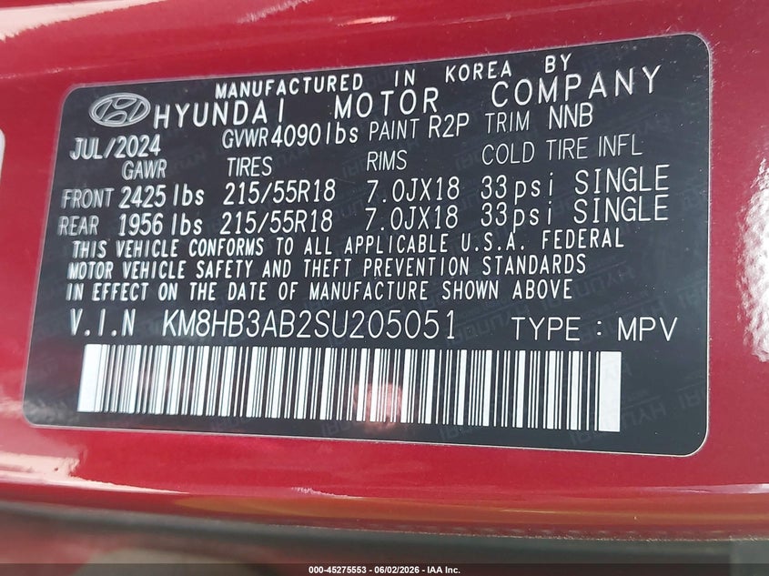 2025 Hyundai Kona Sel VIN: KM8HB3AB2SU205051 Lot: 45275553