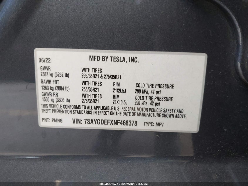 2022 Tesla Model Y Performance Dual Motor All-Wheel Drive VIN: 7SAYGDEFXNF468378 Lot: 45275577
