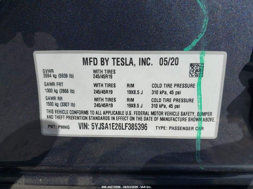 2020 Tesla Model S Long Range Dual Motor All-Wheel Drive/Long Range Plus Dual Motor All-Wheel Drive VIN: 5YJSA1E26LF385396 Lot: 45275596