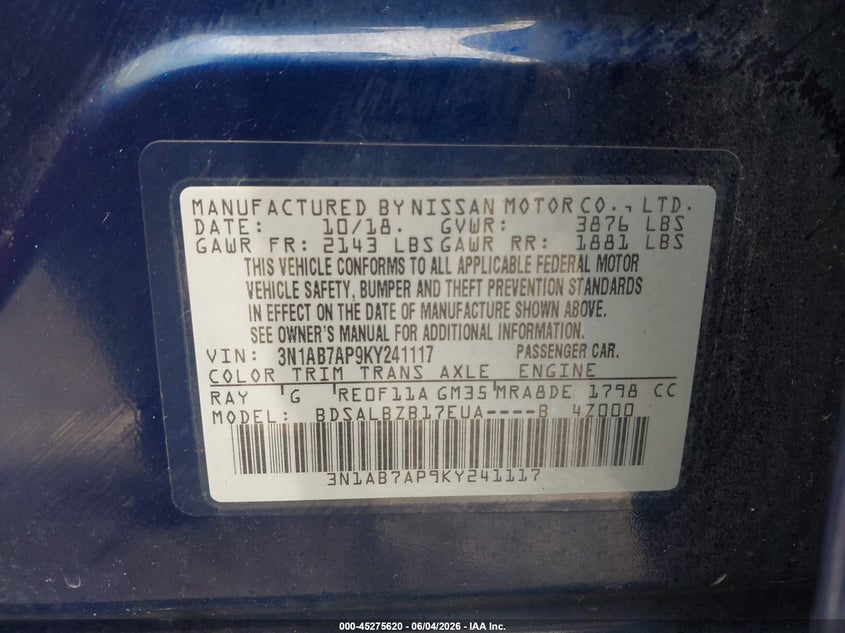 2019 Nissan Sentra S VIN: 3N1AB7AP9KY241117 Lot: 45275620