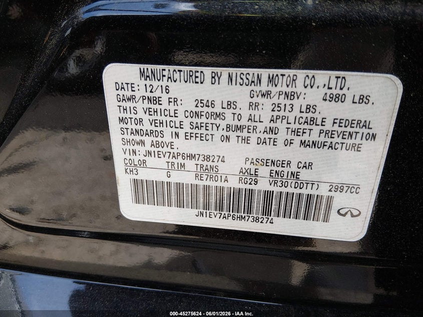 2017 Infiniti Q50 3.0T Premium VIN: JN1EV7AP6HM738274 Lot: 45275624