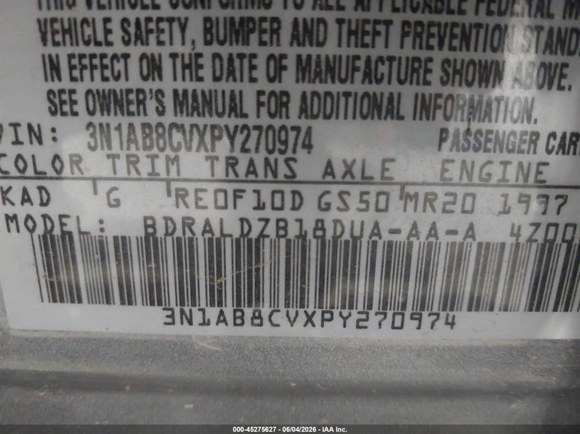 2023 Nissan Sentra Sv Xtronic Cvt VIN: 3N1AB8CVXPY270974 Lot: 45275627