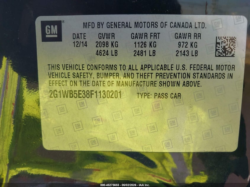 2015 Chevrolet Impala Limited Lt VIN: 2G1WB5E38F1130201 Lot: 45275655