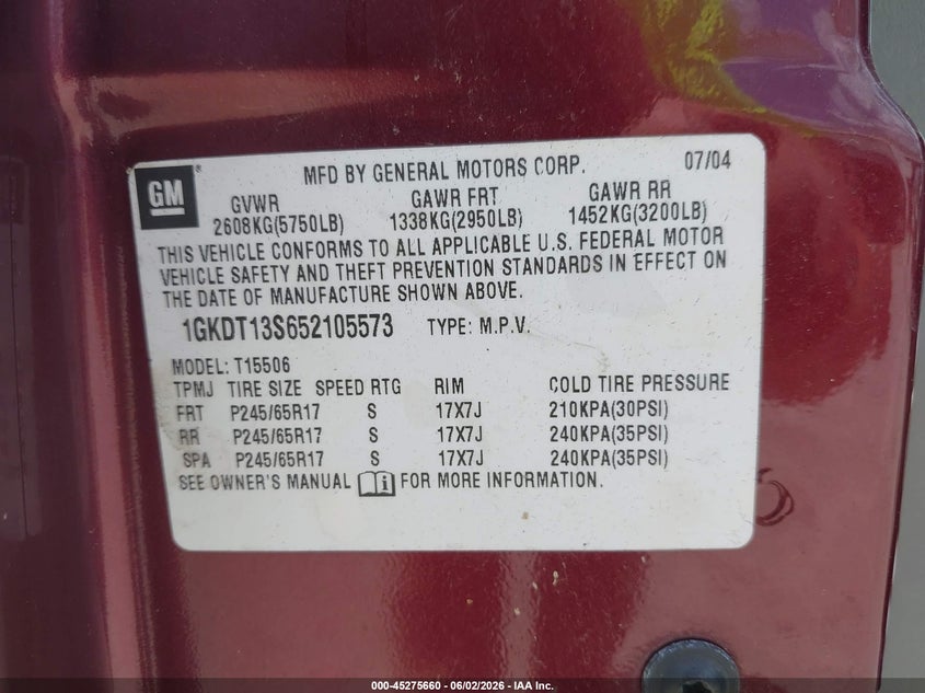 2005 GMC Envoy Sle VIN: 1GKDT13S652105573 Lot: 45275660
