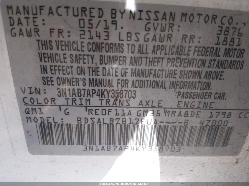VIN 3N1AB7AP4KY358703 2019 NISSAN SENTRA S