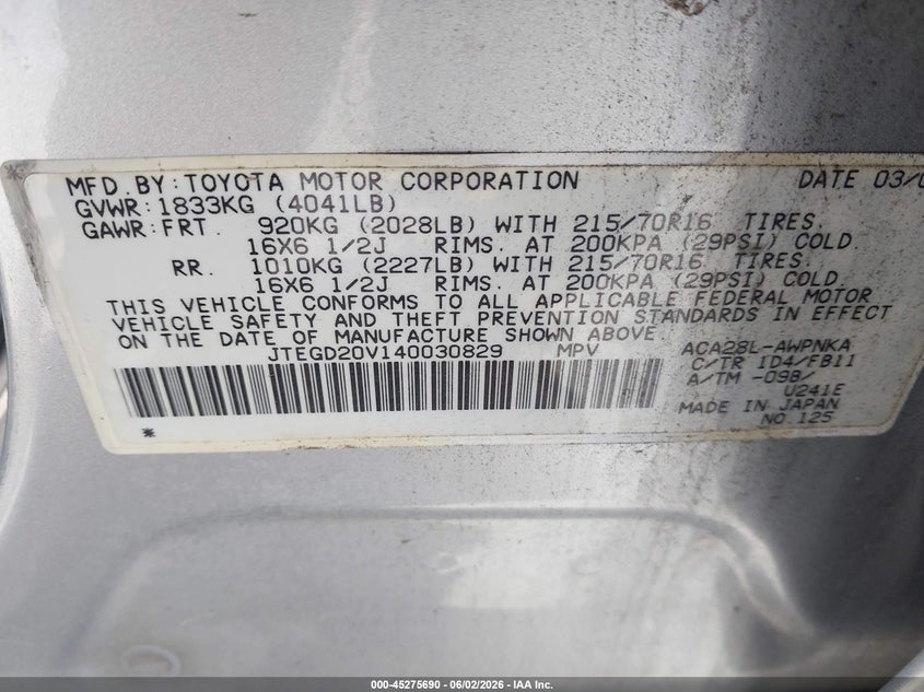 2004 Toyota Rav4 VIN: JTEGD20V140030829 Lot: 45275690
