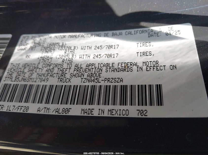 2025 Toyota Tacoma Sr5 VIN: 3TMLB5JN6SM127849 Lot: 45275705