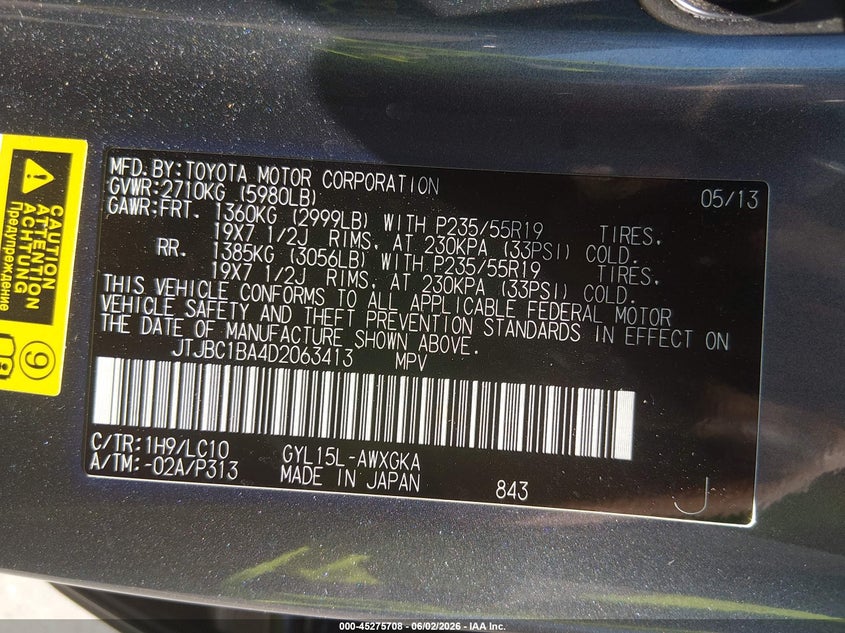 2013 Lexus Rx 450H VIN: JTJBC1BA4D2063413 Lot: 45275708