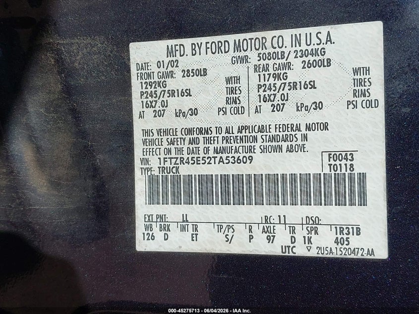 2002 Ford Ranger Edge/Xlt VIN: 1FTZR45E52TA53609 Lot: 45275713