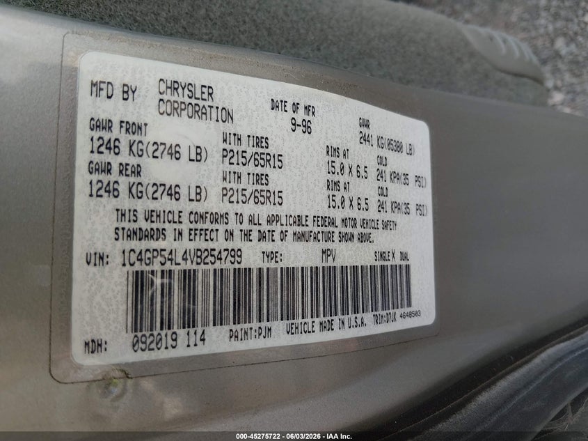 1997 Chrysler Town & Country Lx VIN: 1C4GP54L4VB254799 Lot: 45275722