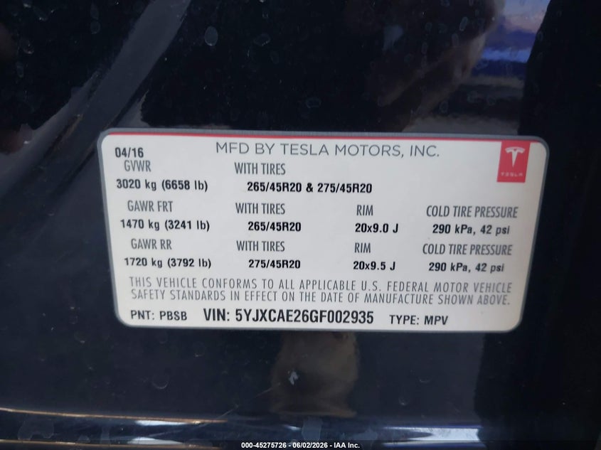 2016 Tesla Model X 60D/70D/75D/90D VIN: 5YJXCAE26GF002935 Lot: 45275726