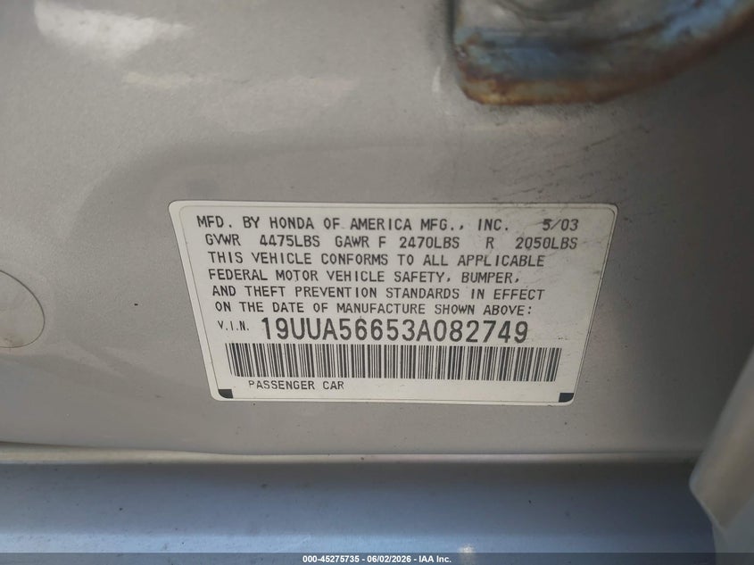 2003 Acura Tl 3.2 VIN: 19UUA56653A082749 Lot: 45275735