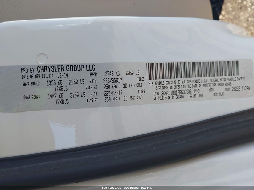 2015 Chrysler Town & Country Touring VIN: 2C4RC1BG1FR638206 Lot: 45275736