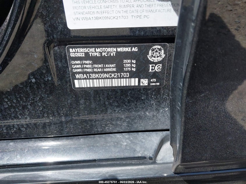 2022 BMW M550 I xDrive VIN: WBA13BK09NCK21703 Lot: 45275751