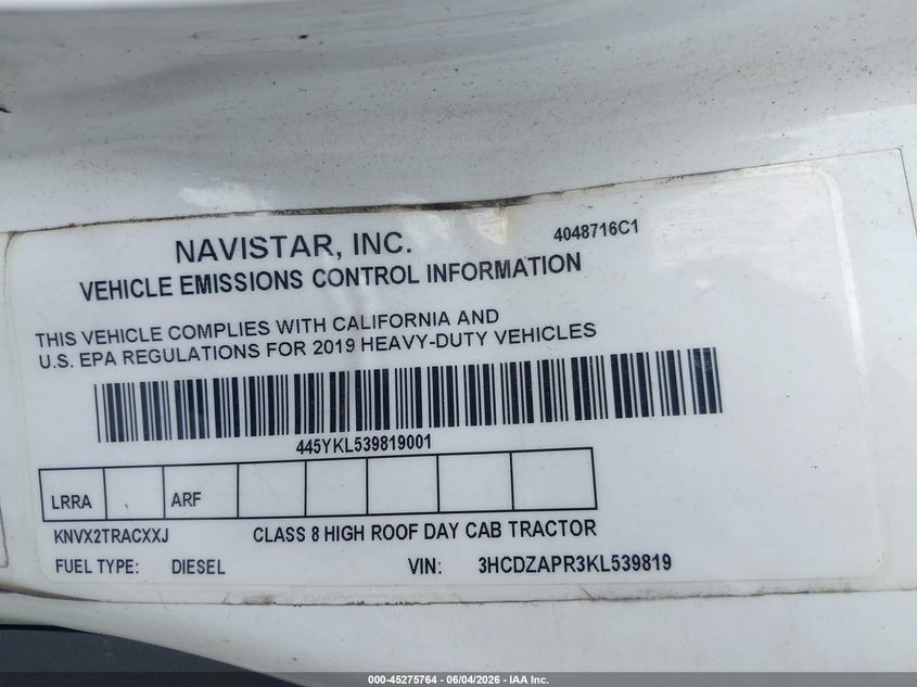 2019 International Lt white Lot 111045275764 Vin 3HCDZAPR3KL539819