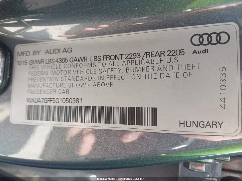 2016 Audi A3 1.8T Premium VIN: WAUA7GFF5G1050981 Lot: 45275809