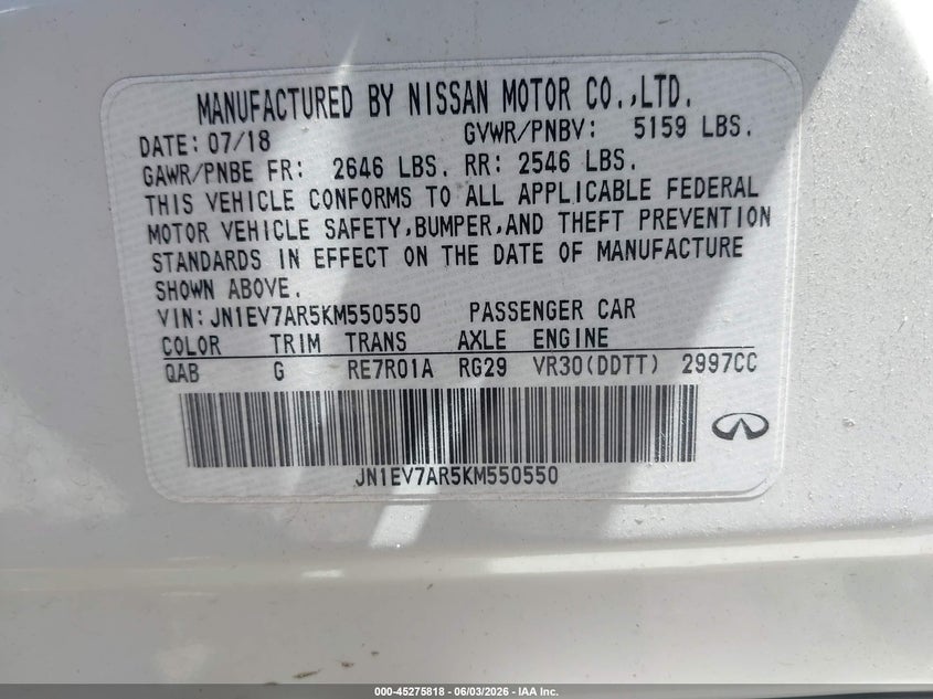 2019 Infiniti Q50 3.0T Luxe VIN: JN1EV7AR5KM550550 Lot: 45275818