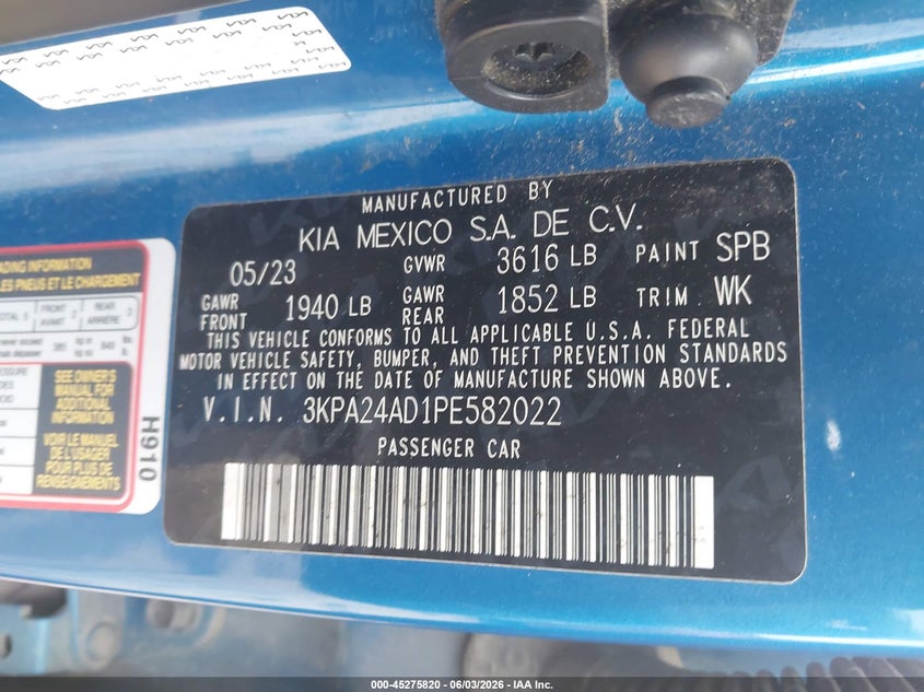 2023 Kia Rio S VIN: 3KPA24AD1PE582022 Lot: 45275820