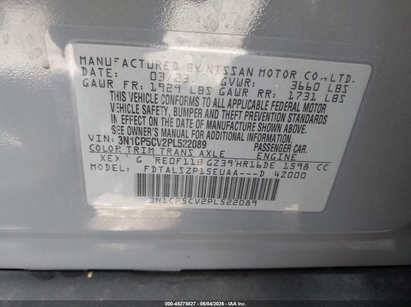 2023 Nissan Kicks Sv Xtronic Cvt VIN: 3N1CP5CV2PL522089 Lot: 45275827