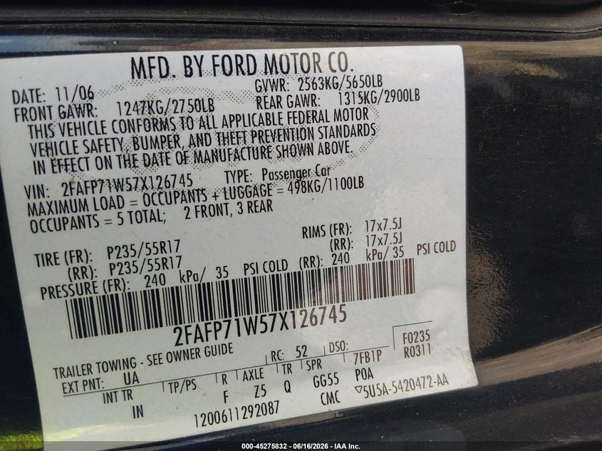 2007 Ford Crown Victoria Police/Police Interceptor VIN: 2FAFP71W57X126745 Lot: 45275832
